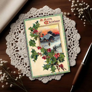 Carte Postale Houx de Noël vintage 1910