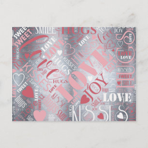 Carte Postale Hugs and Kisses Word Cloud Pink/Silver ID286
