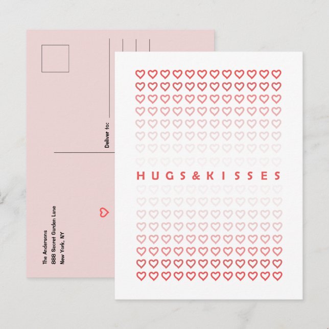 Carte Postale Hugs et baisers Coeurs roses Saint-Valentin (Devant / Derrière)