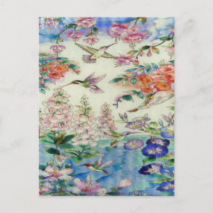 Carte Postale Hummingbirds and Pink flowers stained glass WOW
