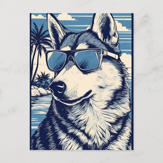 Carte Postale Husky avec lunettes de soleil à la plage (Devant)