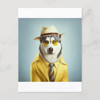 Carte Postale Husky Portant un costume Jaune, Casquette, Lunette