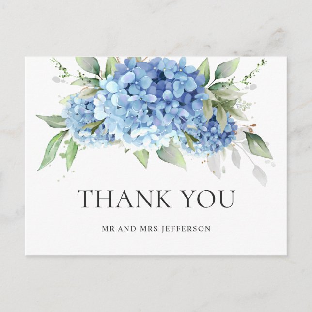 Carte Postale Hydrangea Bleu Aquarelle Élégante Simple Merci (Devant)