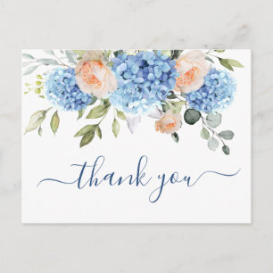 Carte Postale Hydrangea Bleue Élégante Roses Rose Clair Merci