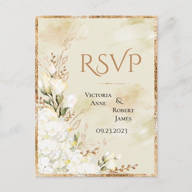 Carte Postale Hydrangea Elegant Blanc Or Floral Mariage RSVP (Devant)