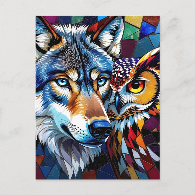 Carte Postale Hyperreaslistic Wolf and Owl Mosaic (Devant)