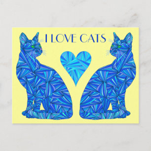 Carte postale I Love Cats Blue Abstrait assis