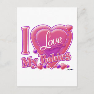 Carte Postale I Love My Babies rose/violet - coeurs