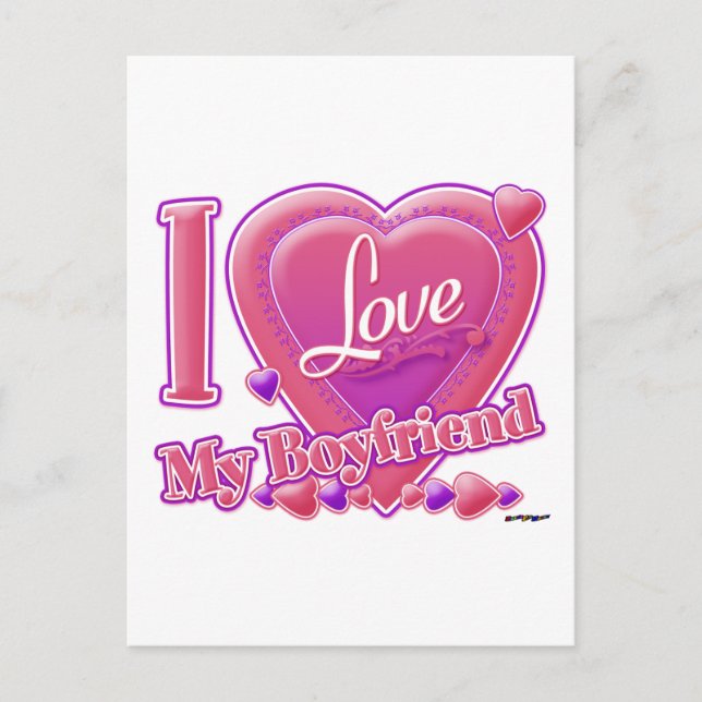 Carte Postale I Love My Boyfriend rose/violet - coeurs (Devant)