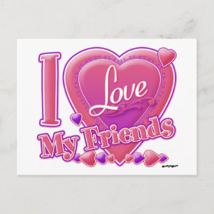 Carte Postale I Love My Friends rose/violet - coeur