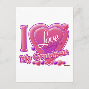 Carte Postale I Love My Grandson rose/violet - coeur
