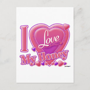 Carte Postale I Love My Honey rose/violet - coeur