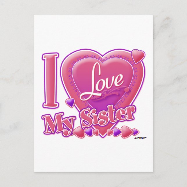 Carte Postale I Love My Sister rose/violet - coeur (Devant)