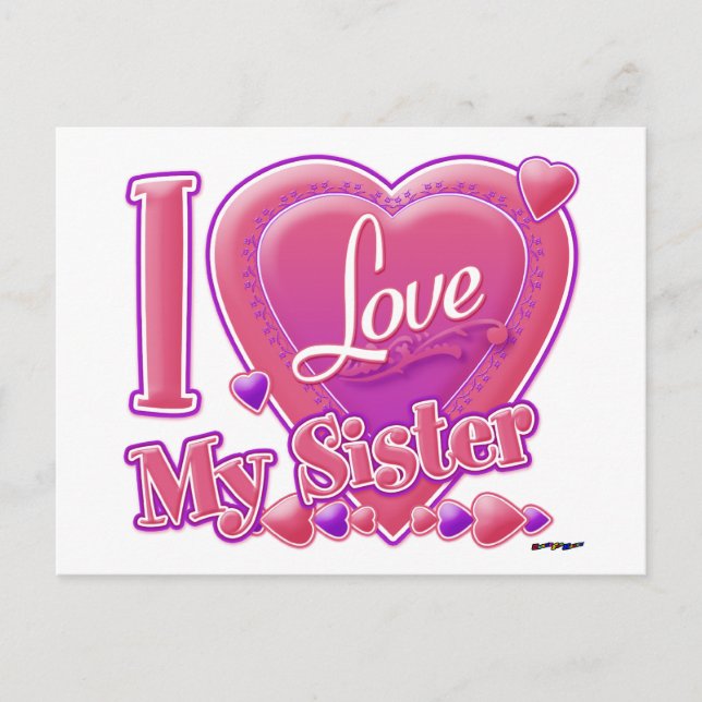 Carte Postale I Love My Sister rose/violet - coeur (Devant)