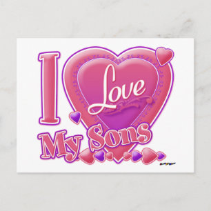 Carte Postale I Love My Sons rose/violet - coeur