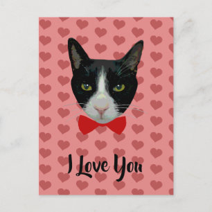 Carte Postale I Love You - Tuxedo Chat avec Cravate de cabot