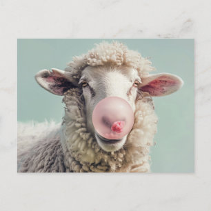 Carte Postale IA ART Sheep soufflant bulle rose bulle bulle de g