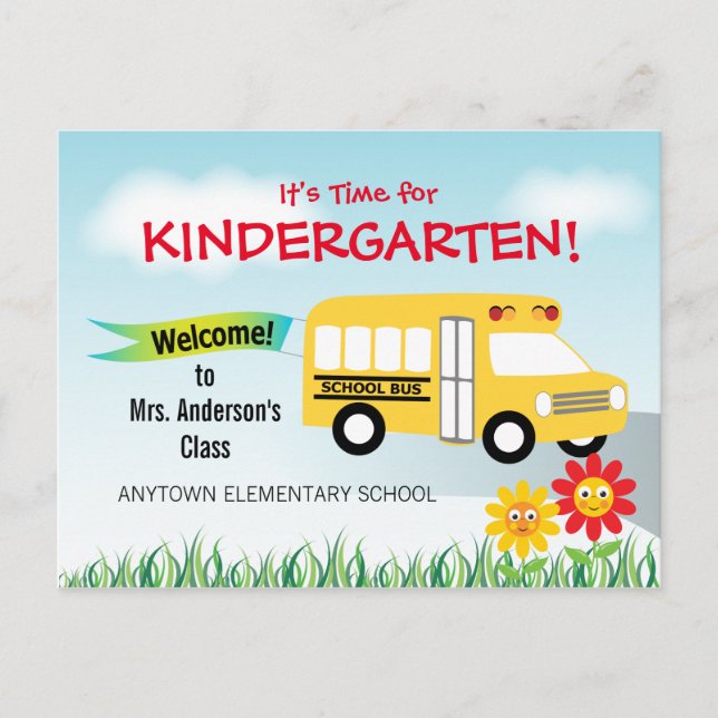 Carte Postale Il est temps pour la maternelle, le bus scolaire (Devant)