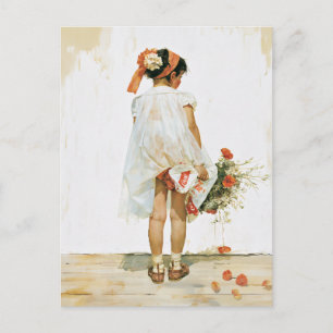 Carte Postale Illustration aquarelle de petite fille aux fleurs