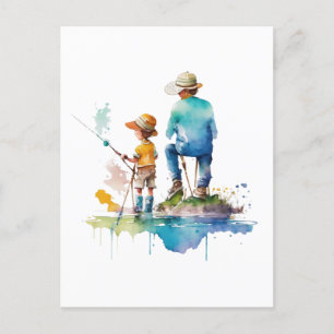 Carte Postale Illustration aquarelle d'un père et d'un fils Art 