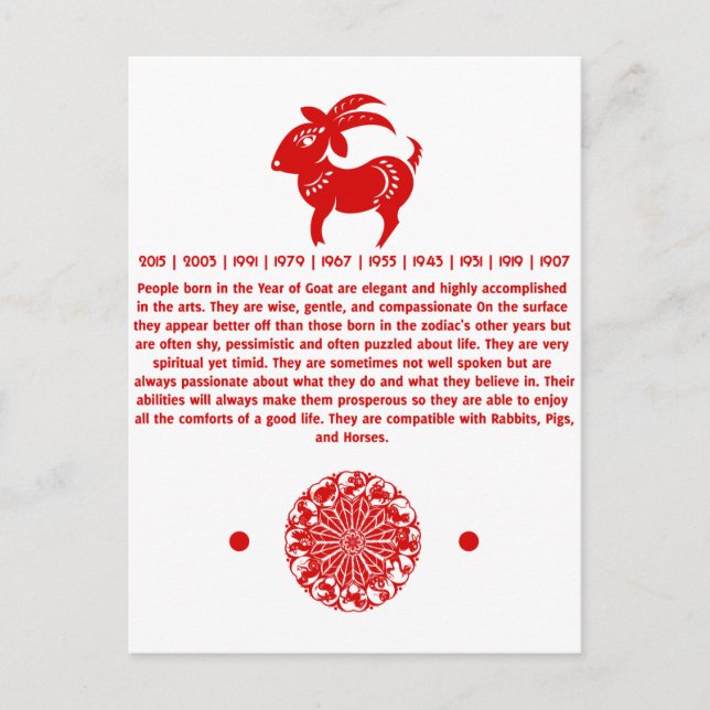 CARTE POSTALE ILLUSTRATION CHINOISE DE PAPERCUT DE CHÈVRE ZODIAC (Devant)