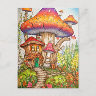 Carte Postale Illustration colorée de la maison de champignons A
