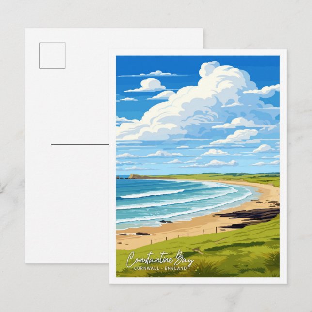 Carte Postale Illustration Constantine Bay Cornwall Art Travel (Devant / Derrière)