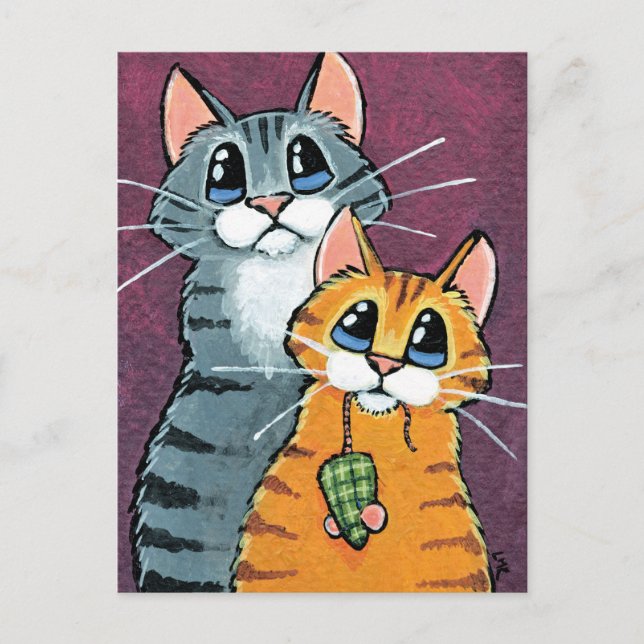 Carte Postale Illustration de 2 chats tigrés avec une souris jou (Devant)