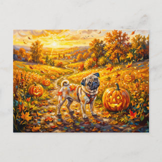 Carte Postale Illustration de balais de chemin de citrouille aut