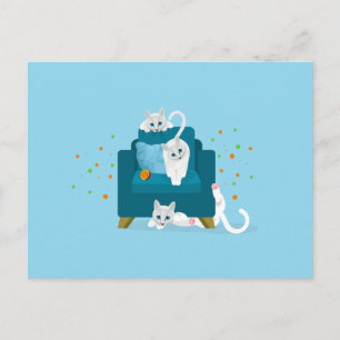 Carte Postale Illustration de chat - 3 chats blancs faisant des