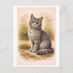 Carte Postale Illustration de chat gris de style vintage