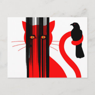 Carte Postale Illustration de chat rouge et d'oiseau noir