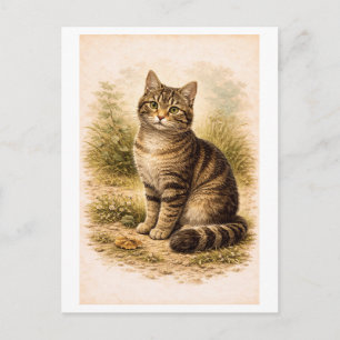 Carte Postale Illustration de chat tigré de style vintage