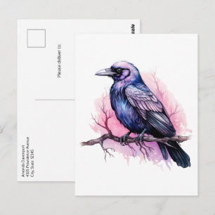 Carte Postale Illustration de corbeau noir sur une branche
