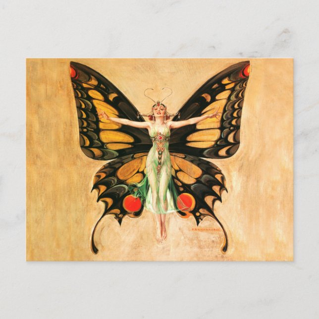 Carte Postale Illustration de femme volant papillon flapper (Devant)