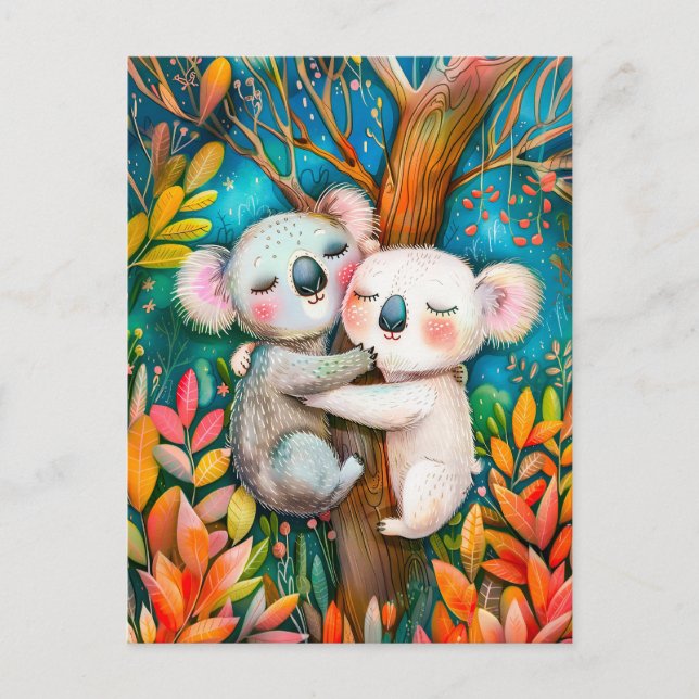 Carte Postale Illustration de koalas hugging in eucalyptus fores (Devant)