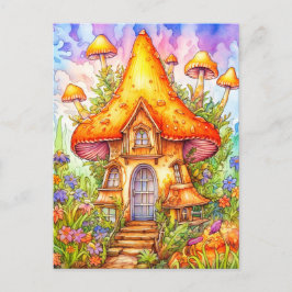 Carte Postale Illustration de la maison de champignons majestueu