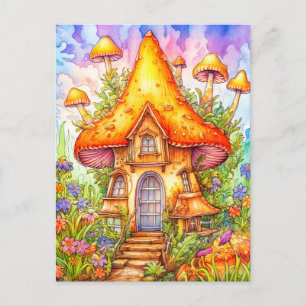 Carte Postale Illustration de la maison de champignons majestueu