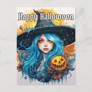 Carte Postale Illustration de la sorcière à cheveux bleu   Bonne