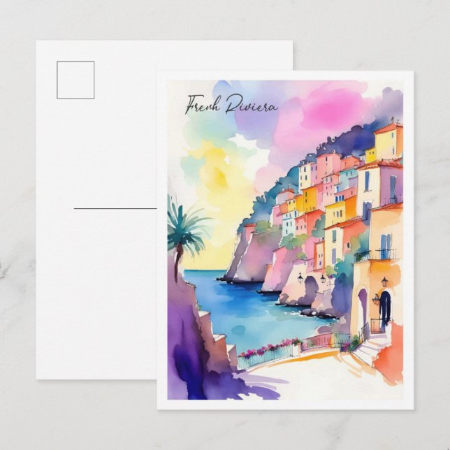 Carte Postale Illustration de l'aquarelle de France Riviera (Devant / Derrière)