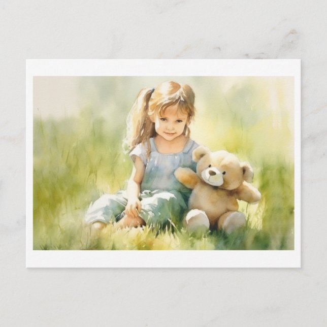 Carte Postale Illustration de l'aquarelle de l'ours en peluche m (Devant)