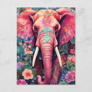 Carte Postale Illustration de l'éléphant rose avec des fleurs