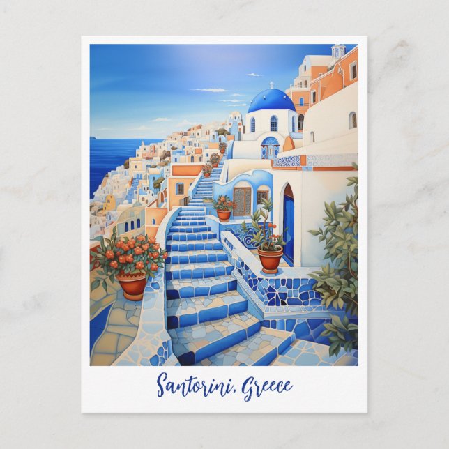 Carte Postale Illustration de l'île de Santorin | Art du voyage (Devant)
