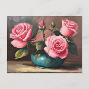 Carte Postale Illustration de nature morte avec des roses roses 
