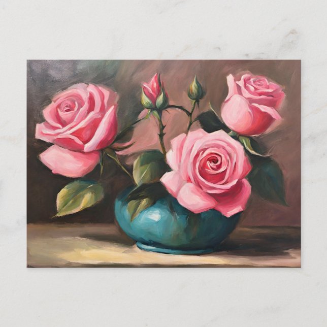 Carte Postale Illustration de nature morte avec des roses roses  (Devant)