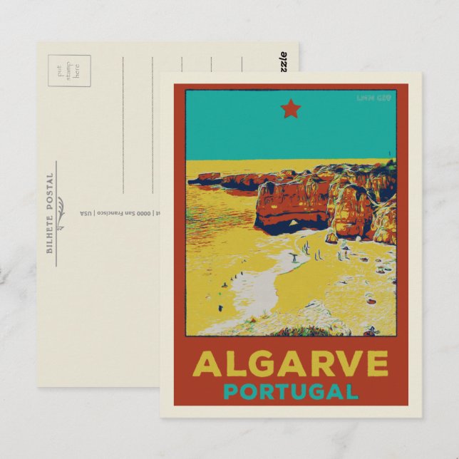 Carte Postale Illustration de plage Algarve Portugal (Devant / Derrière)