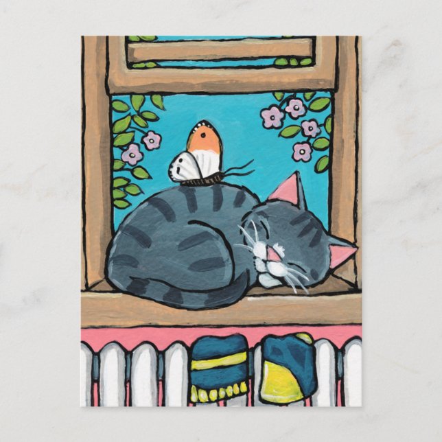 Carte Postale Illustration de Sleeping Tabby Cat et Butterfly (Devant)