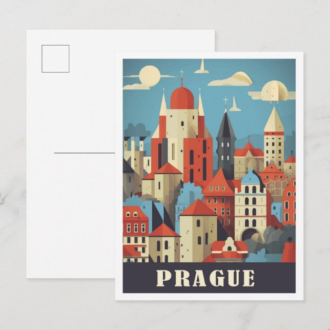 Carte Postale Illustration de voyage Art tchèque Prague (Devant / Derrière)