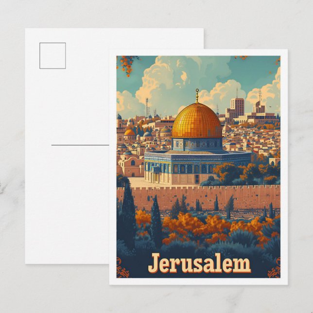 Carte Postale Illustration de voyage artistique de Jérusalem (Devant / Derrière)