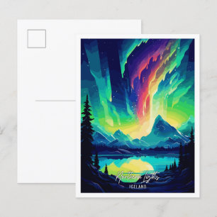 Carte Postale Illustration de voyage d'art islandais Northern Li